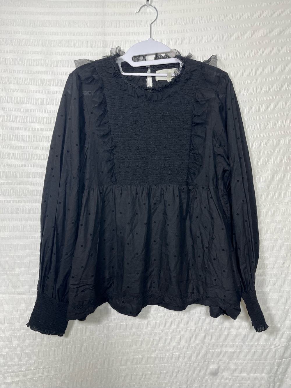 THE GREAT. Black Ruffled Long Sleeve Blouse size 1 Small